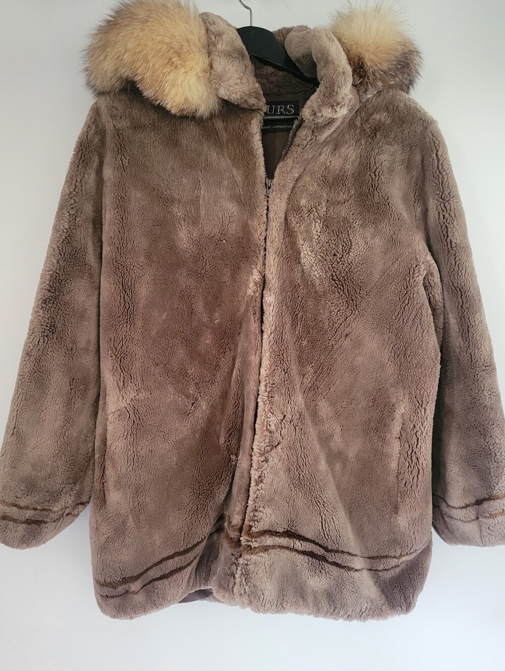 Womens Taupe Fur Hooded Coat with Fur Trim Size Large